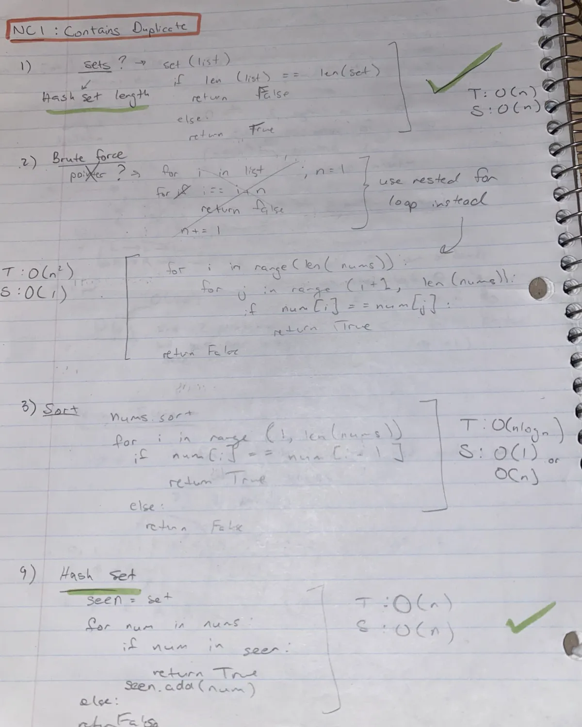 Handwritten notebook page working through four solutions to the Contains Duplicate problem, with time and space complexity for each